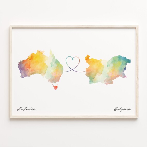 Australia To Bulgaria Watercolor Heart Map Long Distance Love Poster