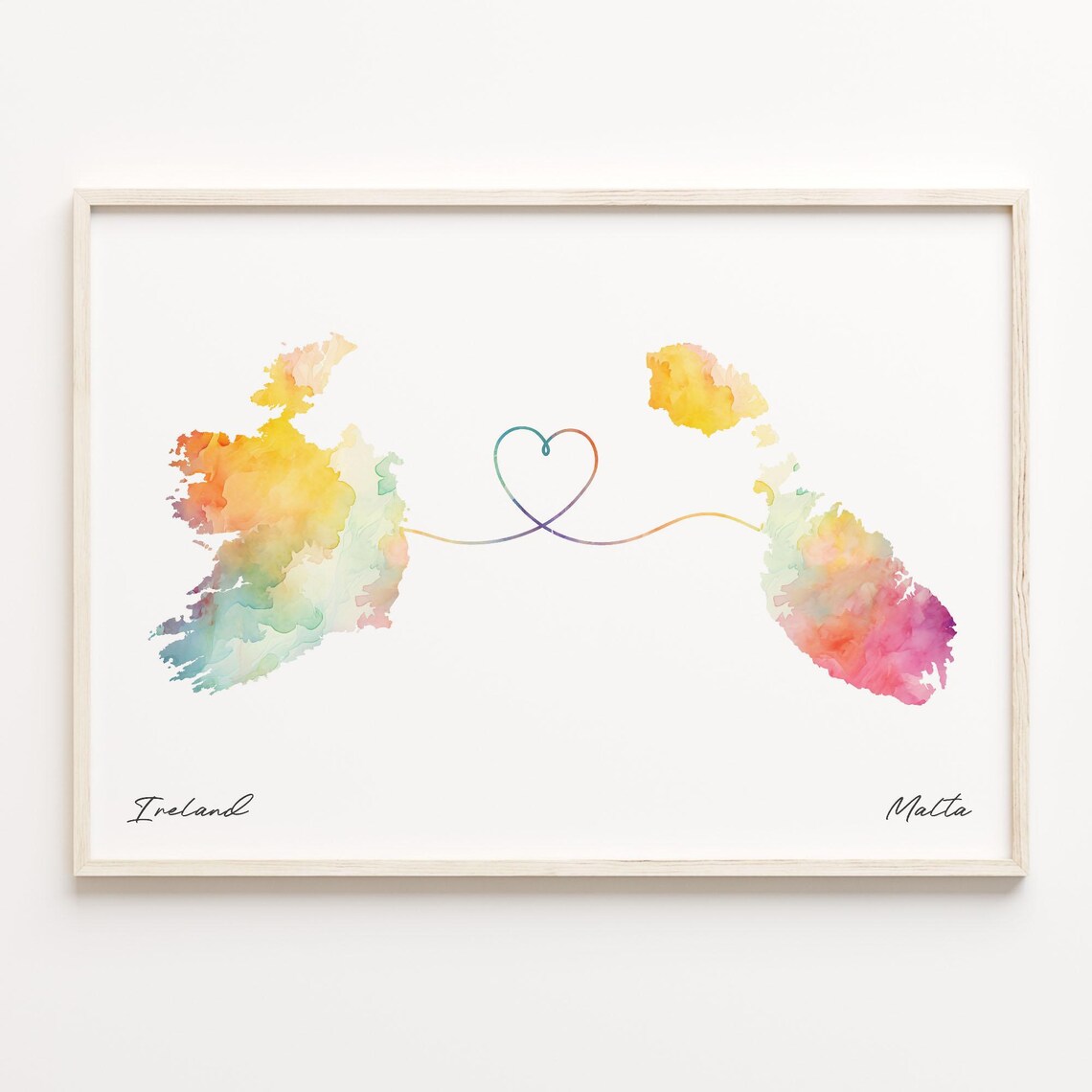 Ireland To Malta Watercolor Heart Map Long Distance Love Poster