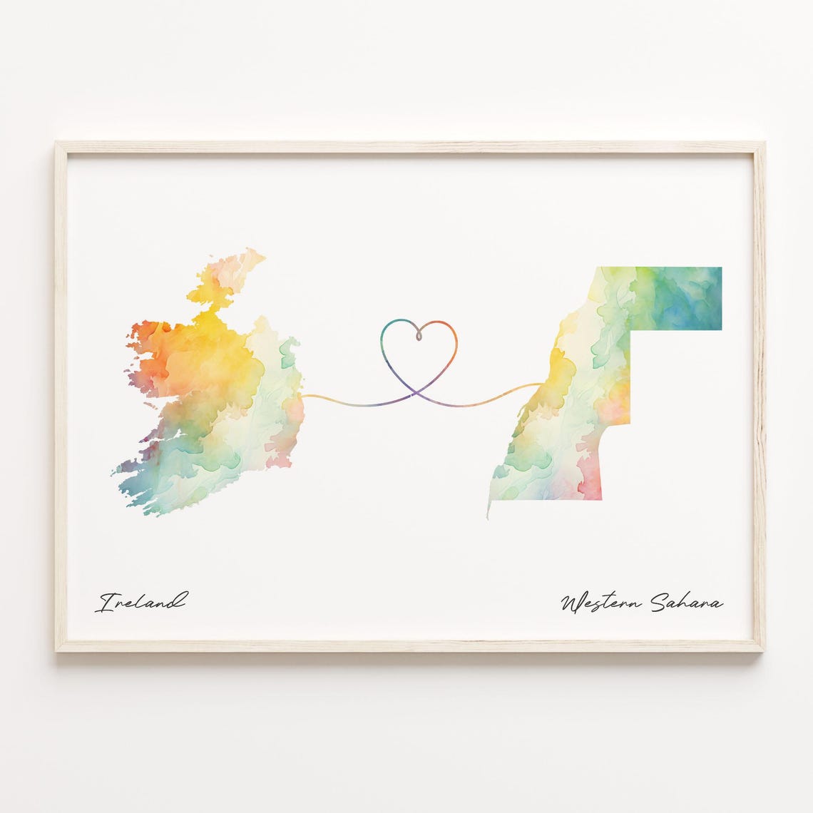 Ireland to Western Sahara Watercolor Heart Map Long Distance Print