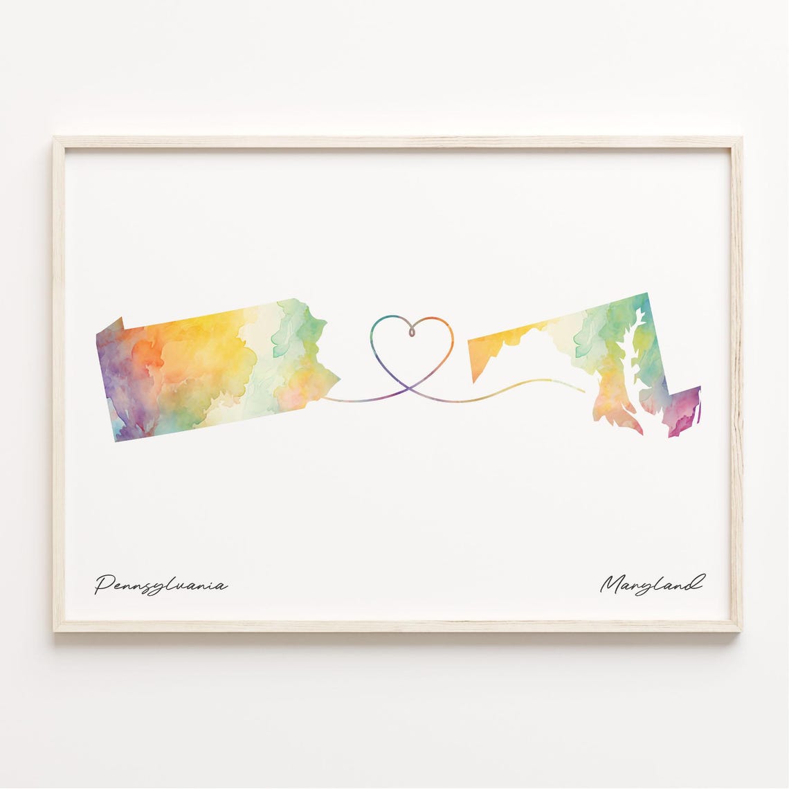 Pennsylvania to Maryland Watercolor Map Heart Connection Art Poster