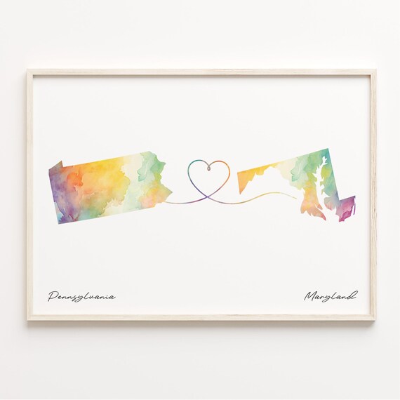 Pennsylvania to Maryland Watercolor Map Heart Connection Art Poster