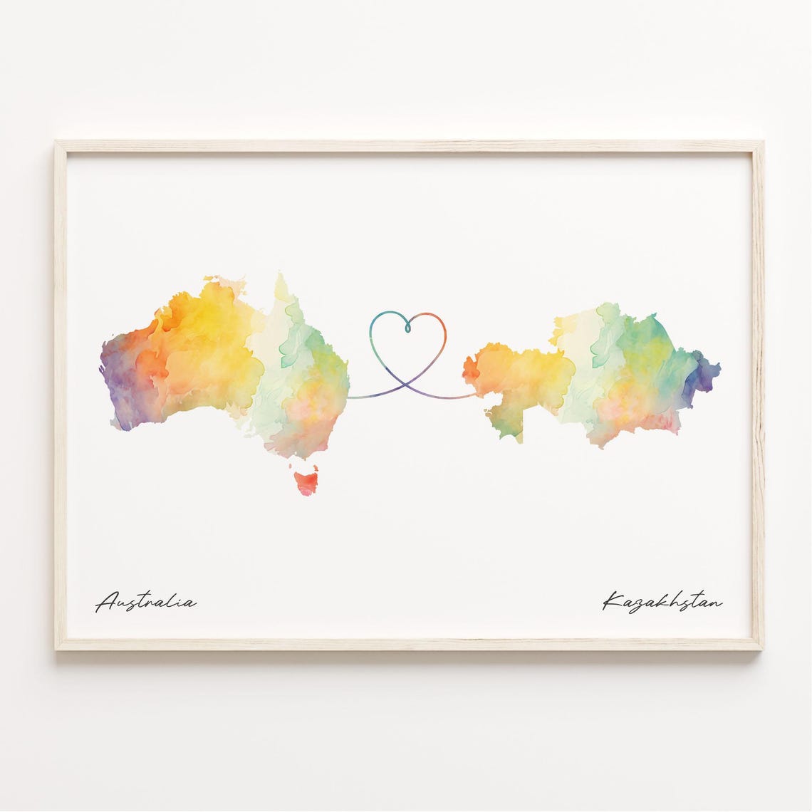 Australia To Kazakhstan Watercolor Map Heart Connection Poster