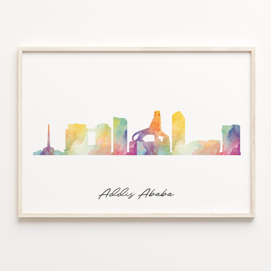 Addis Ababa Ethiopia Watercolor Skyline with Lion Travel Poster