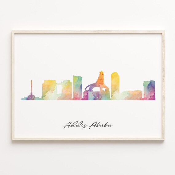 Addis Ababa Ethiopia Watercolor Skyline with Lion Travel Poster