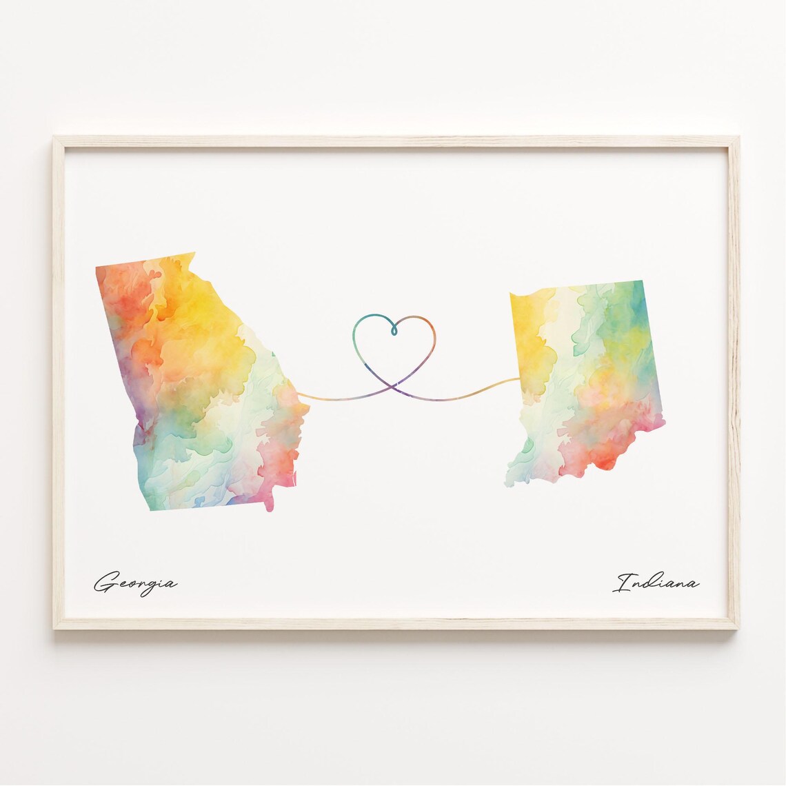 Georgia To Indiana Watercolor Map Heart Long Distance Love Poster