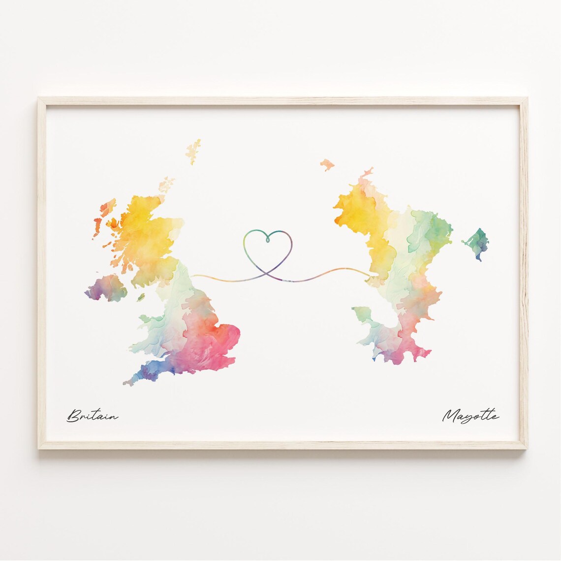 Britain to Mayotte Watercolor Heart Map Long Distance Love Print