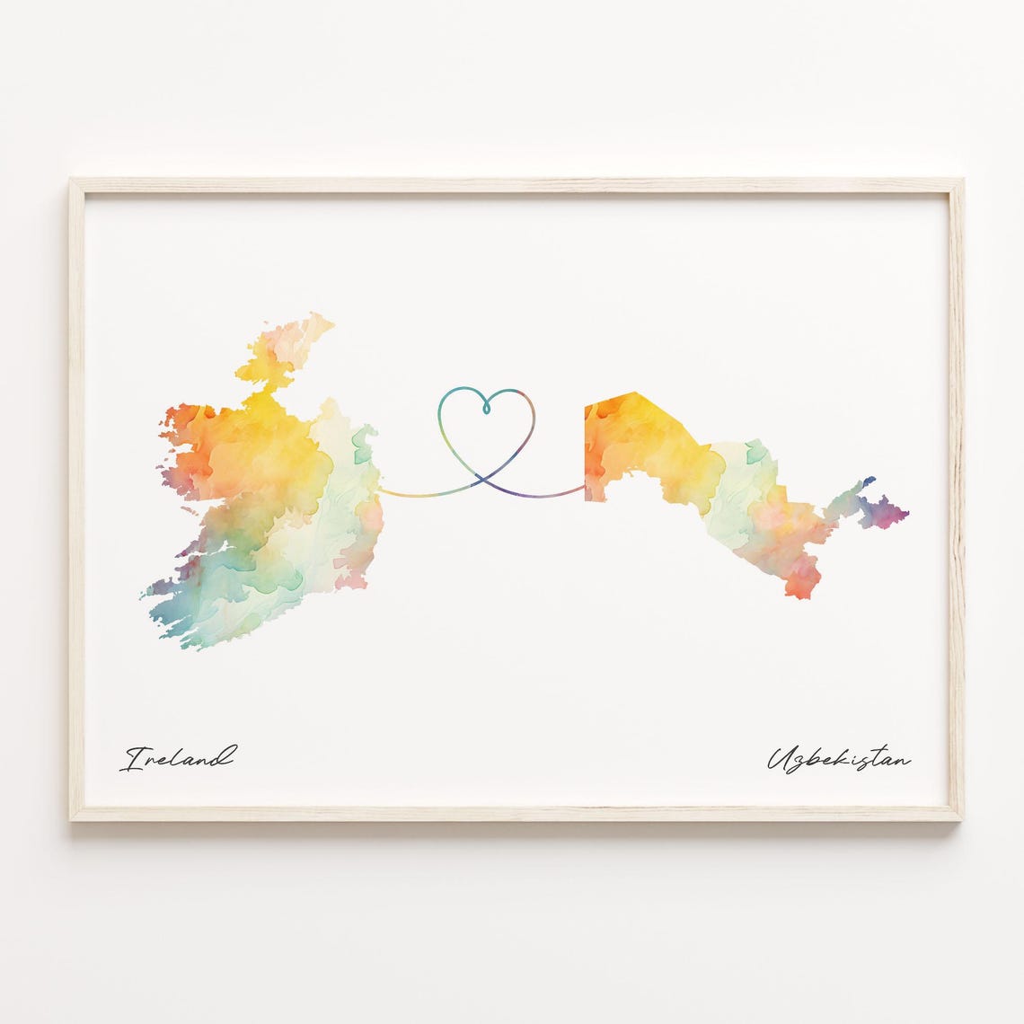 Ireland to Uzbekistan Watercolor Map Heart Connection Poster