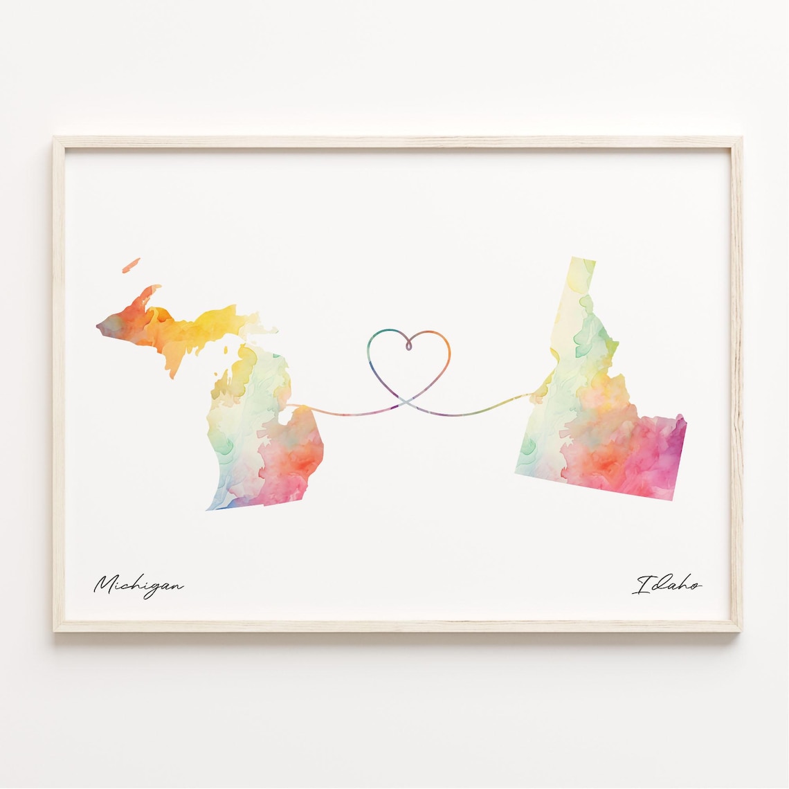 Michigan To Idaho Watercolor Map Long Distance Love Heart Print