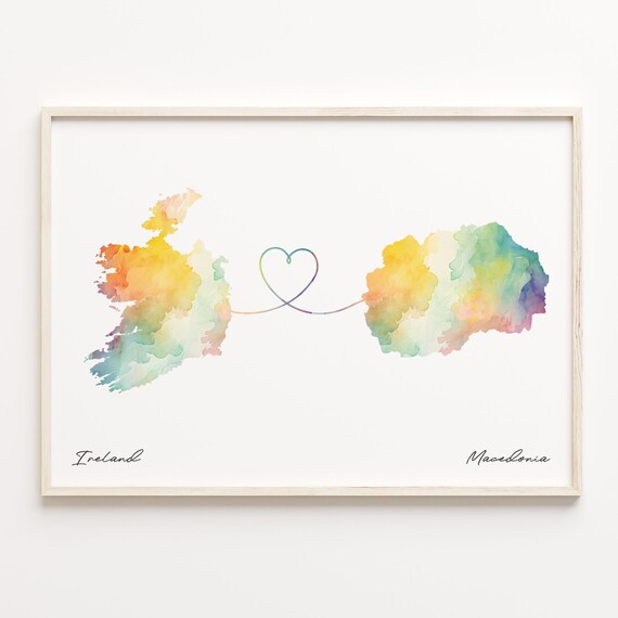 Ireland And Macedonia Watercolor Map Heart Ribbon Art Poster