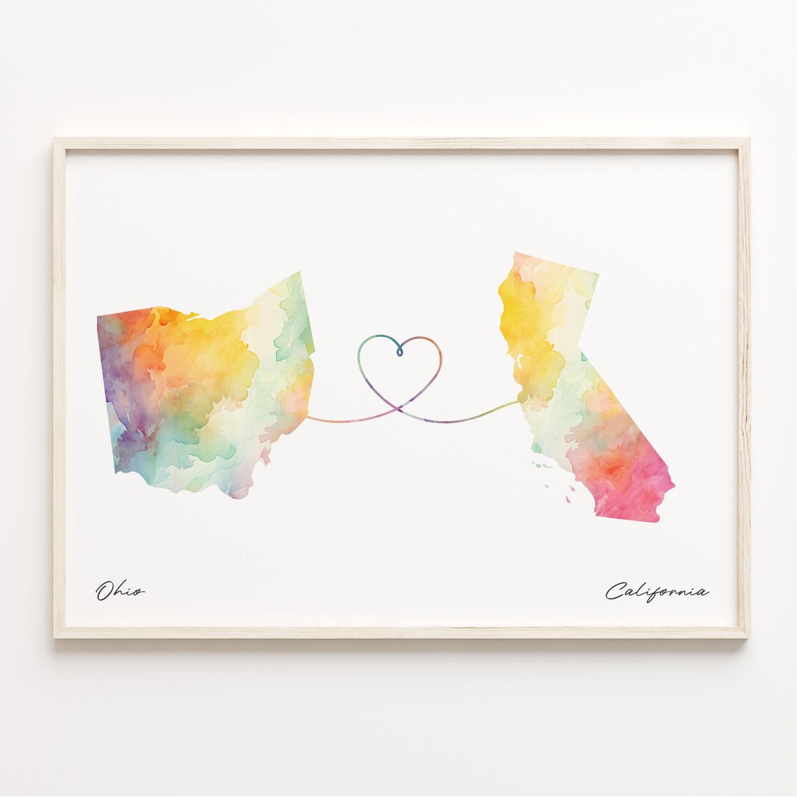 Sweet Ohio To California Watercolor Map Heart Connection Poster