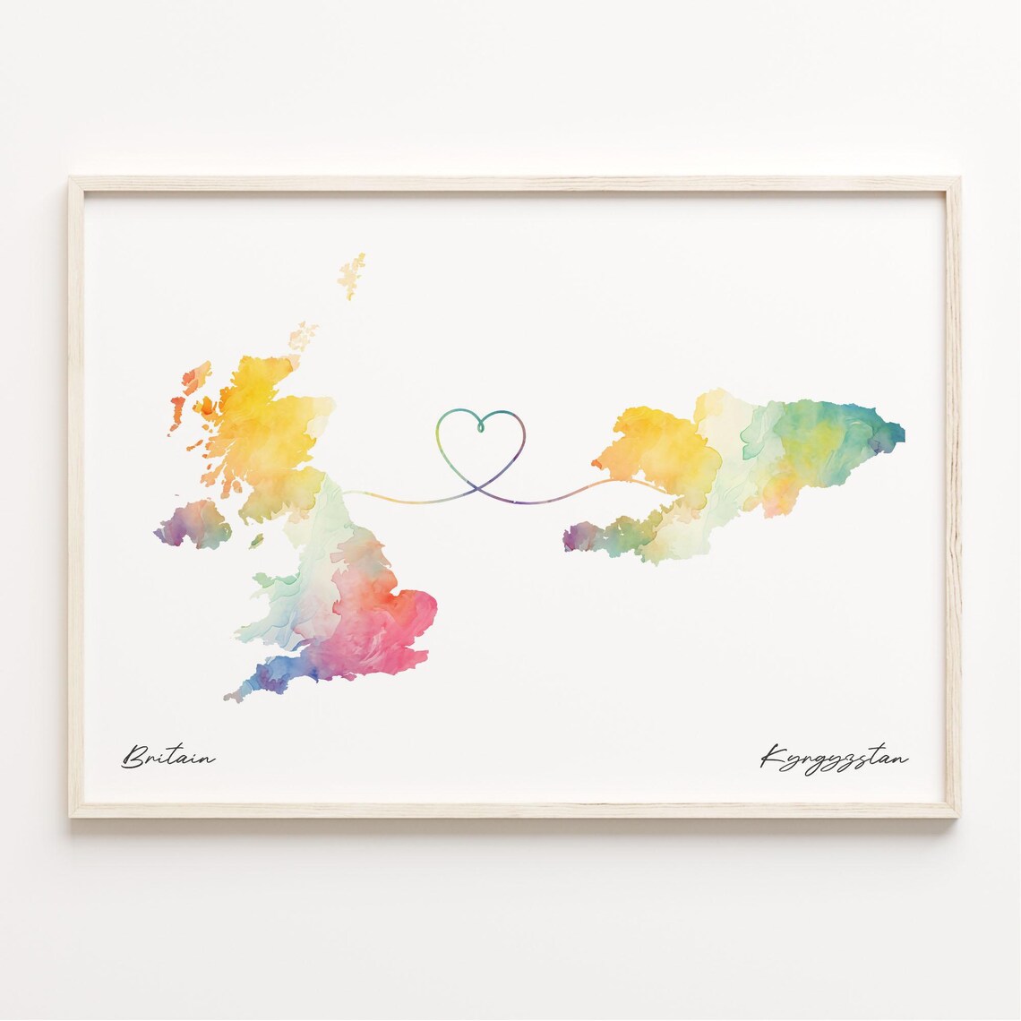 Uk To Kyrgyzstan Print Watercolor Map Poster Kyrgyz Gift United Kingdom Wall Art Travel Abroad C23298