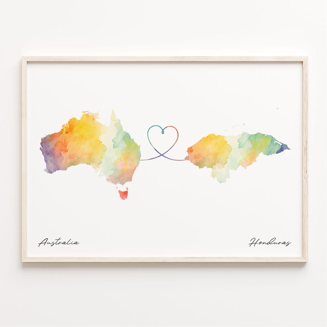 Australia To Honduras Long Distance Love Watercolor Map Print