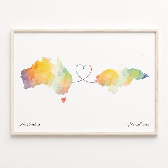 Australia To Honduras Long Distance Love Watercolor Map Print