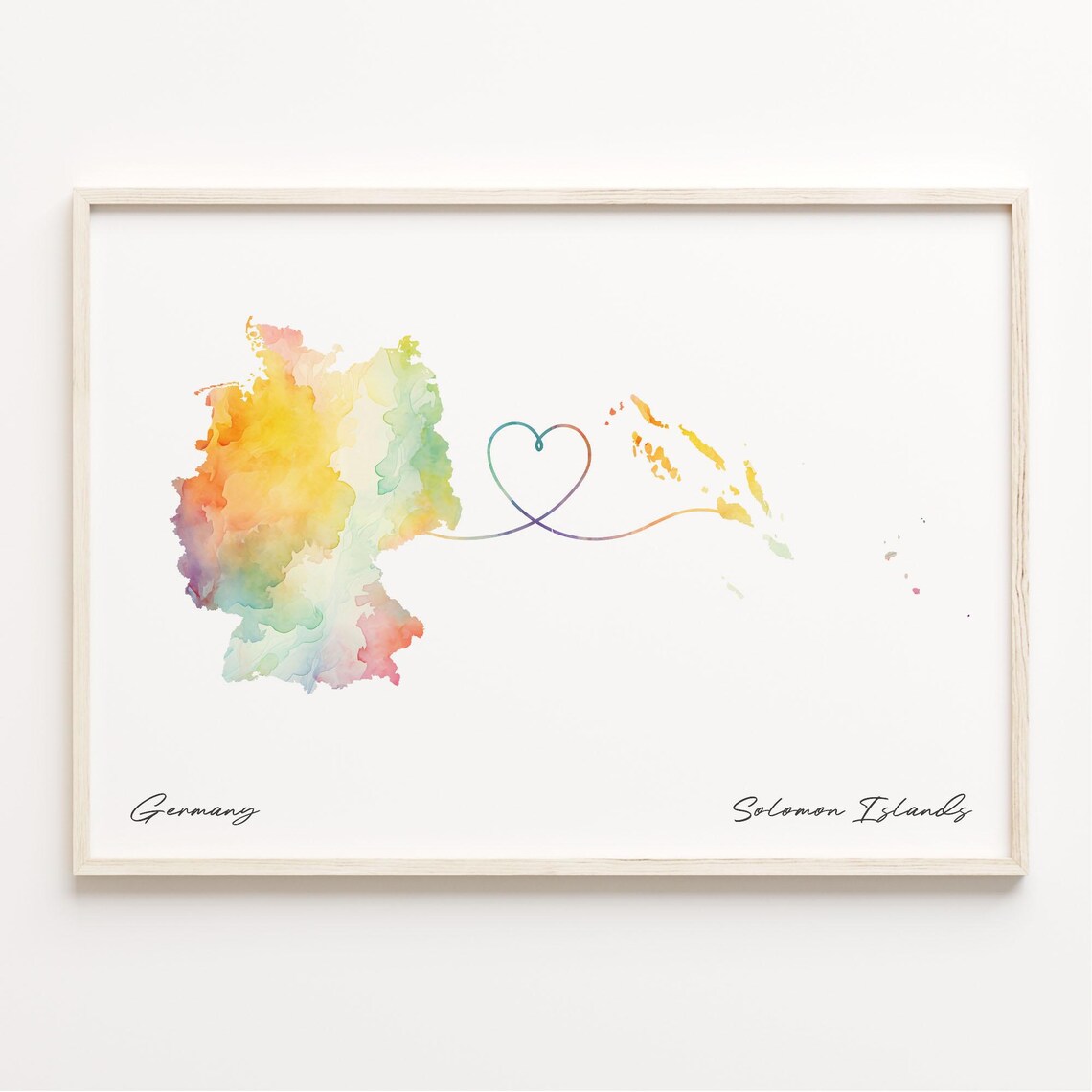 Germany To Solomon Islands Watercolor Heart Map Love Travel Poster
