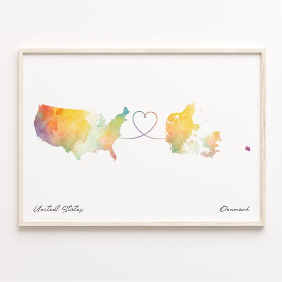 Us To Denmark Watercolor Map Art Print