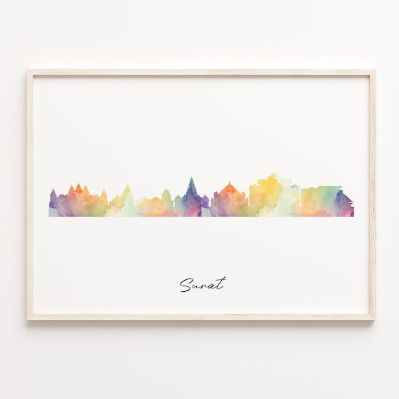 Surat India Rainbow Wash Watercolor Skyline Cityscape Poster