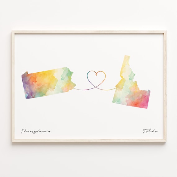 Pennsylvania to Idaho Long Distance Love Heart States Map Poster