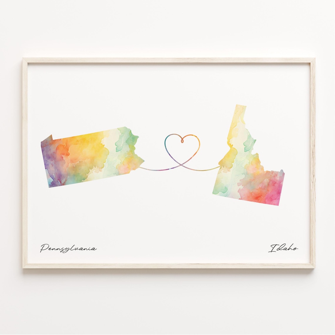 Pennsylvania to Idaho Long Distance Love Heart States Map Poster