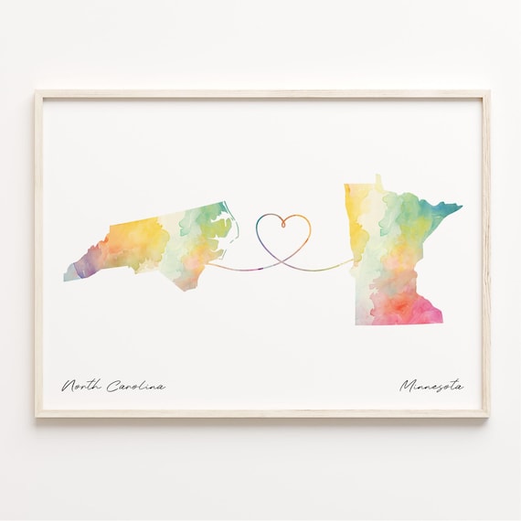 North Carolina to Minnesota Watercolor State Map Heart Long Distance Love Print