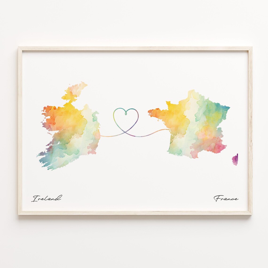 Ireland to France Watercolor Heart Connection Map Art Poster