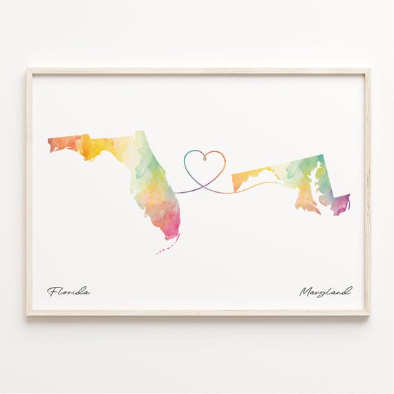 Florida to Maryland Watercolor Map Art Print