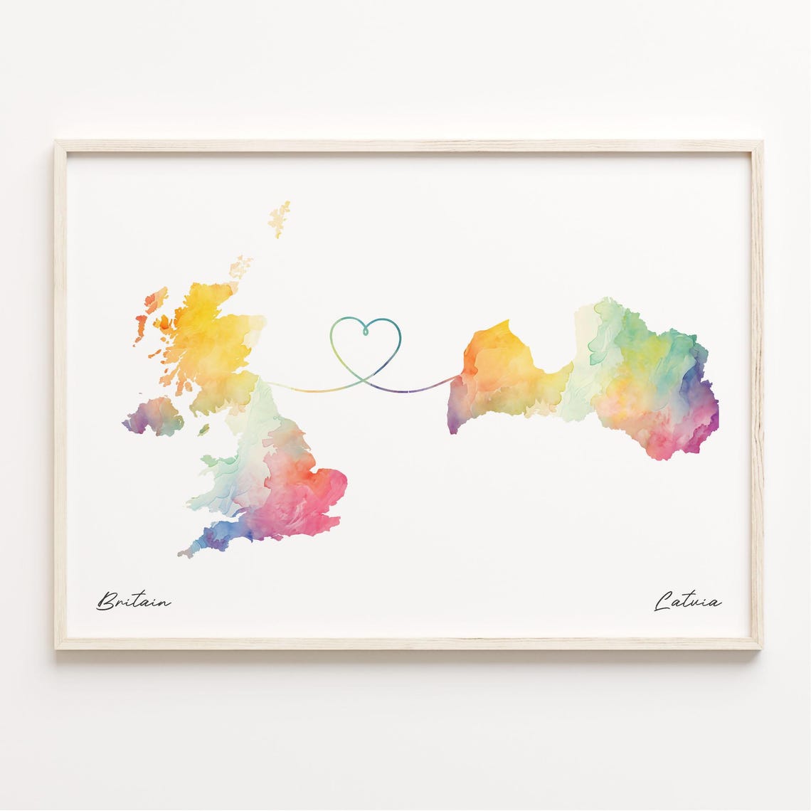 UK to Latvia Watercolor Heart Connection Long Distance Gift Poster