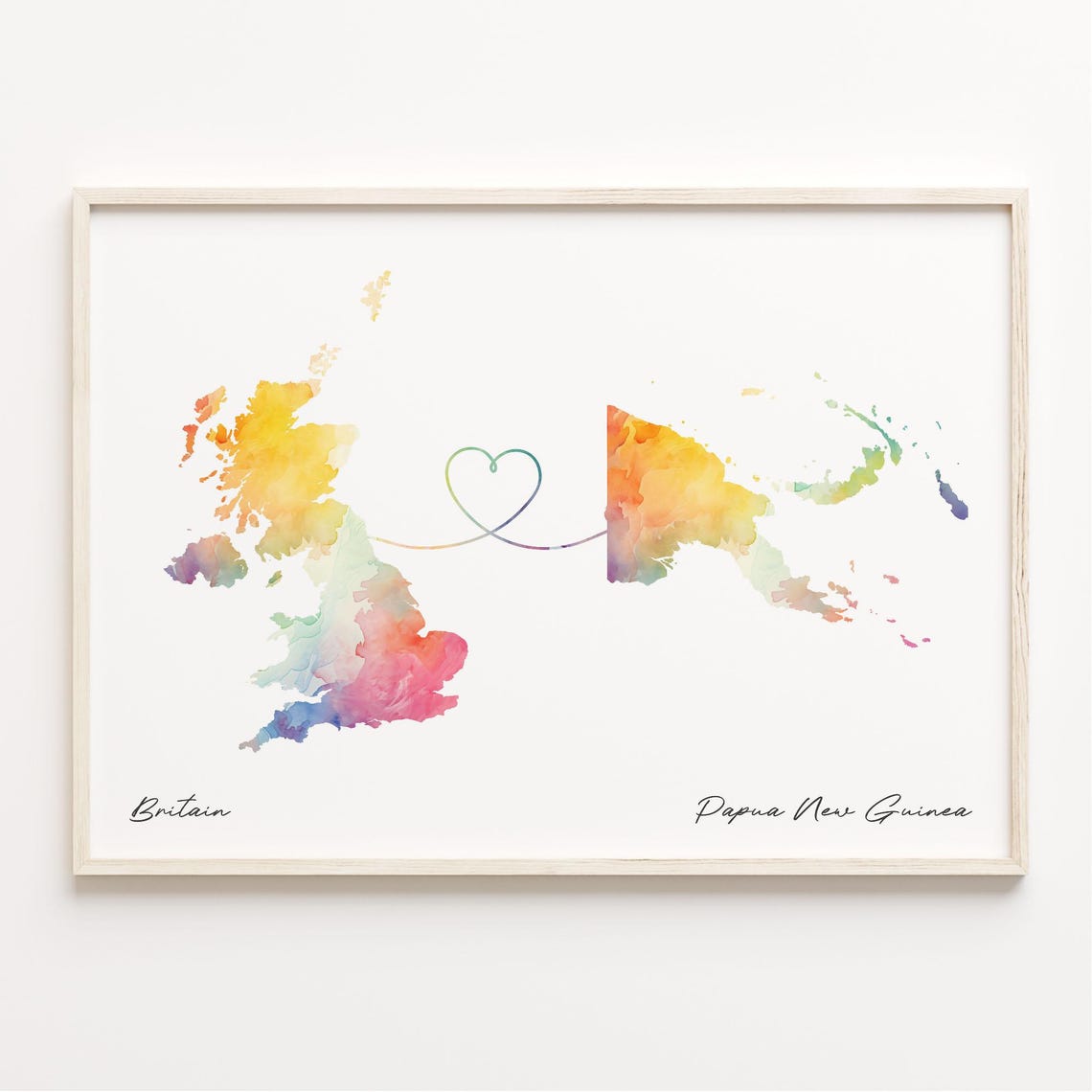 Britain to Papua New Guinea Watercolor Heart Map Long Distance Poster