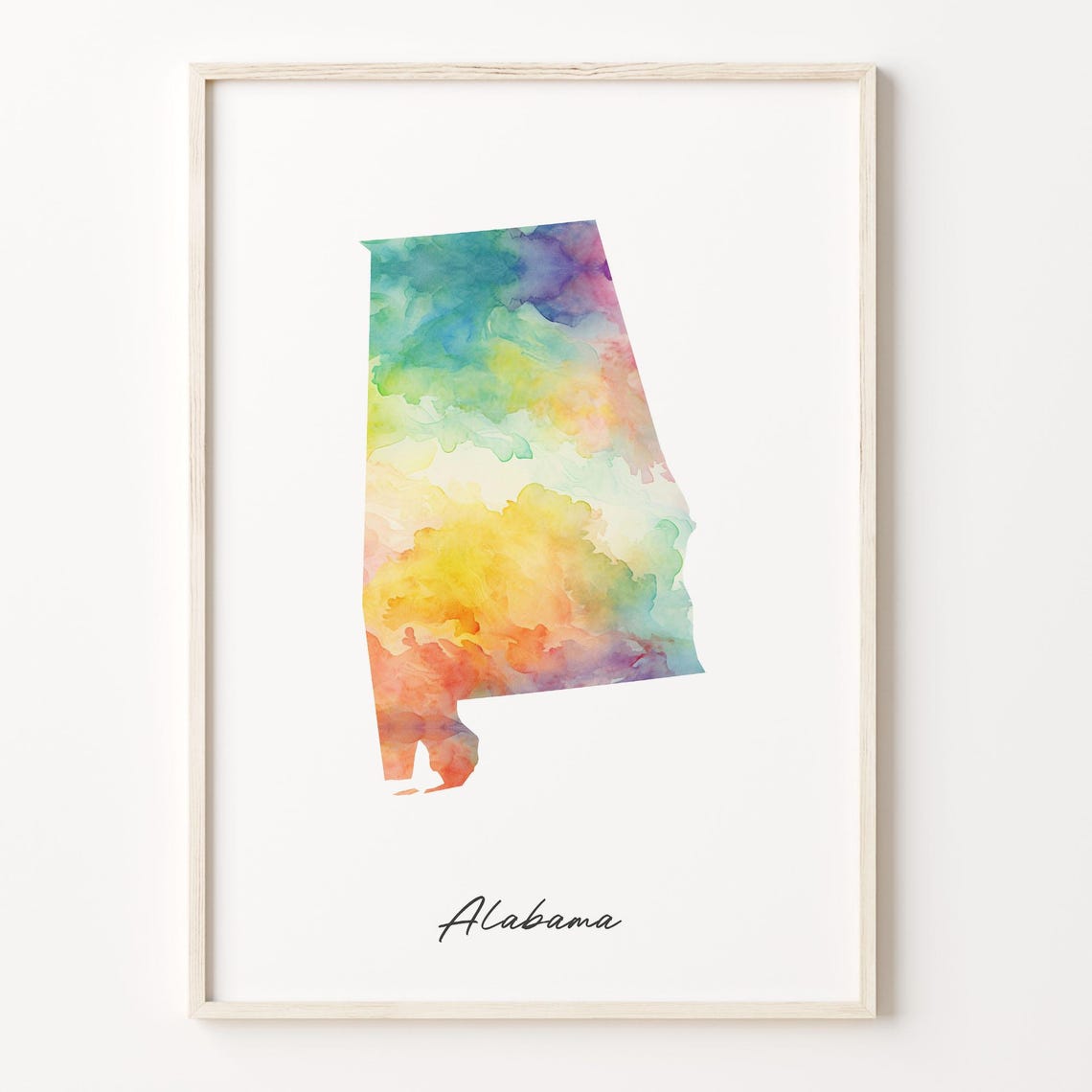 Alabama Watercolor State Map Rainbow Wash Script Title Poster