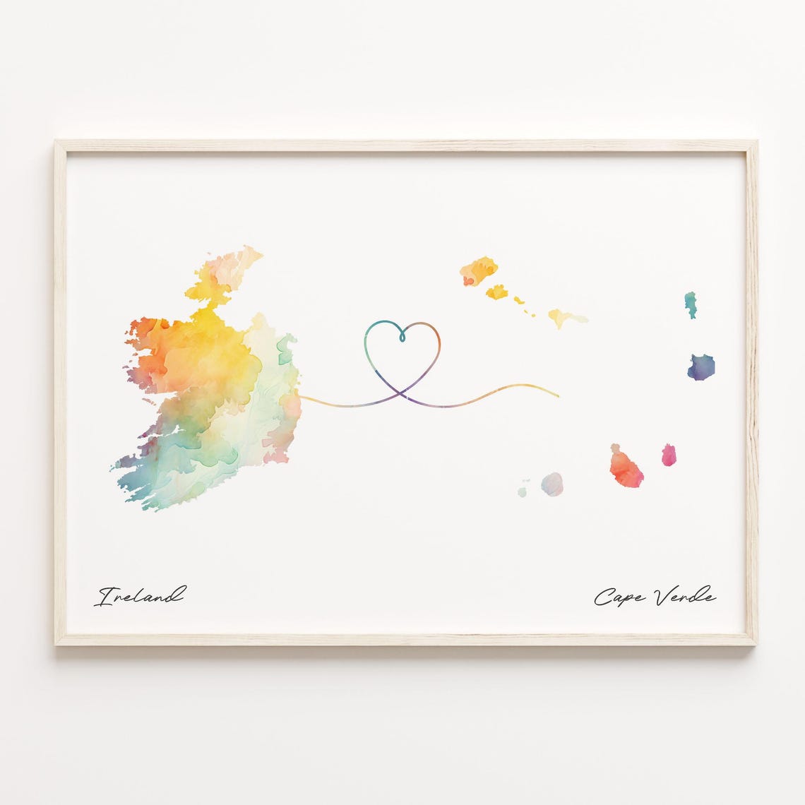 Ireland to Cape Verde Heart Map Long Distance Love Art Print