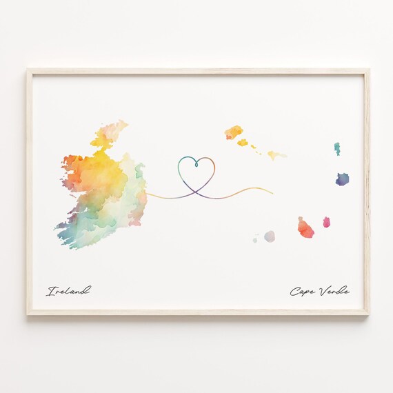 Ireland to Cape Verde Heart Map Long Distance Love Art Print