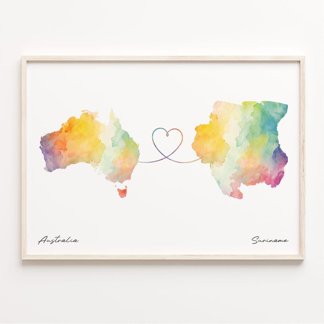 Australia to Suriname Rainbow Watercolor Heart Map Connection Print