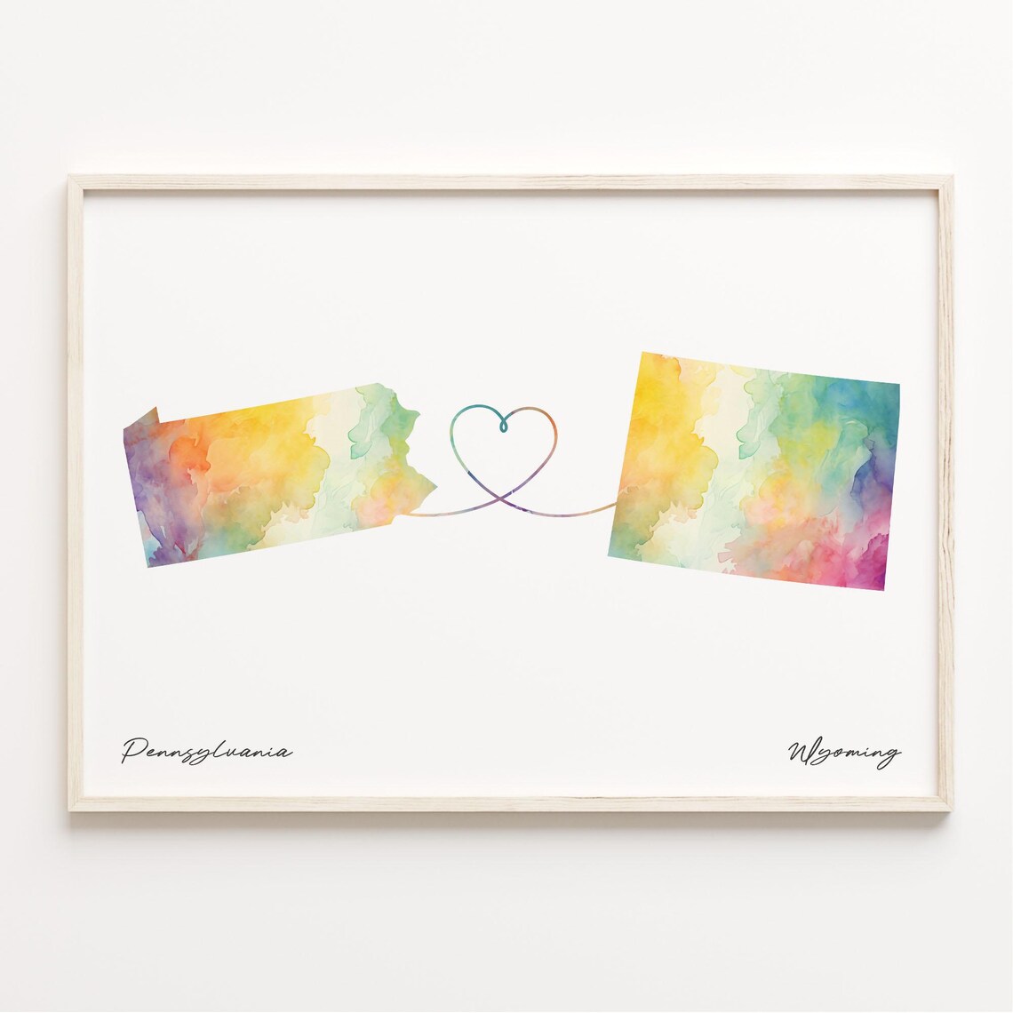 Pennsylvania to Wyoming Watercolor Heart Map Long Distance Print
