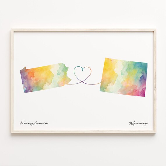 Pennsylvania to Wyoming Watercolor Heart Map Long Distance Print