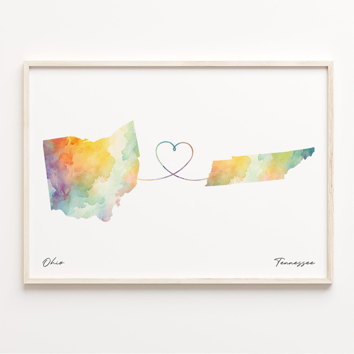 Ohio to Tennessee Watercolor Map Heart Long Distance Love Poster