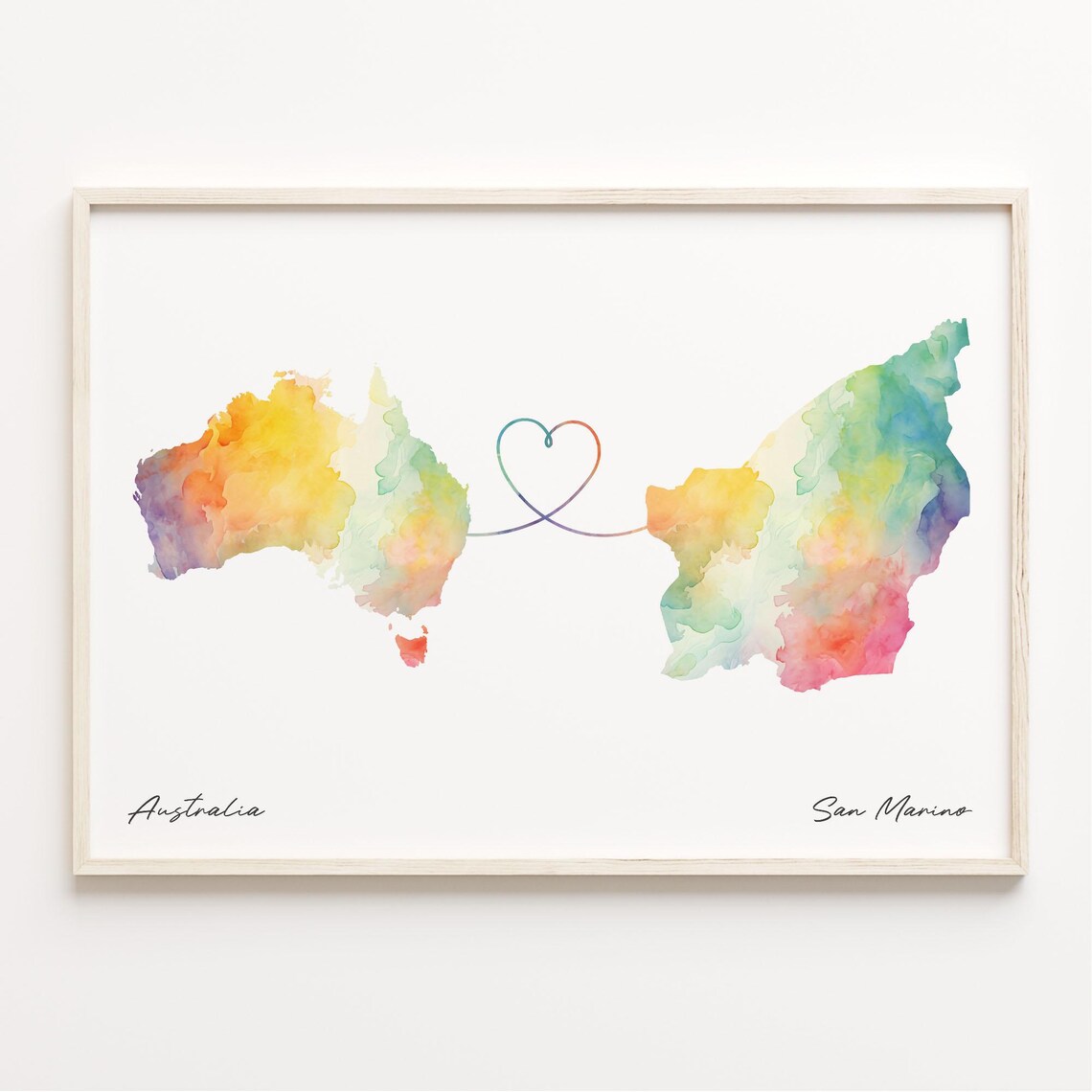 Australia To San Marino Watercolor Map Heart Connection Poster