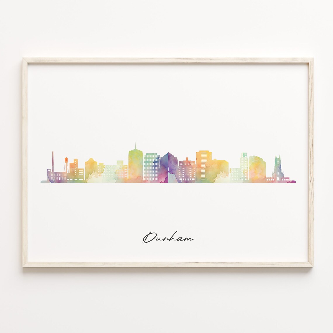 Durham Watercolor Skyline Cityscape Rainbow Silhouette Poster