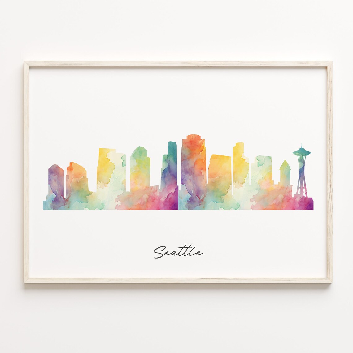 Seattle Washington Rainbow Wash Watercolor Skyline Space Needle Poster