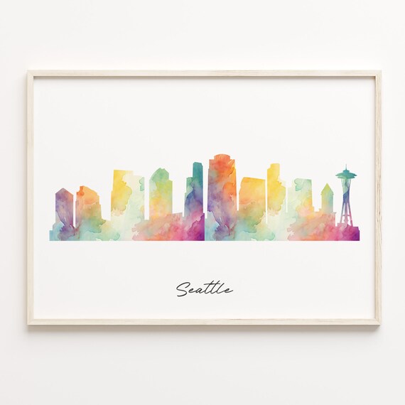 Seattle Washington Rainbow Wash Watercolor Skyline Space Needle Poster