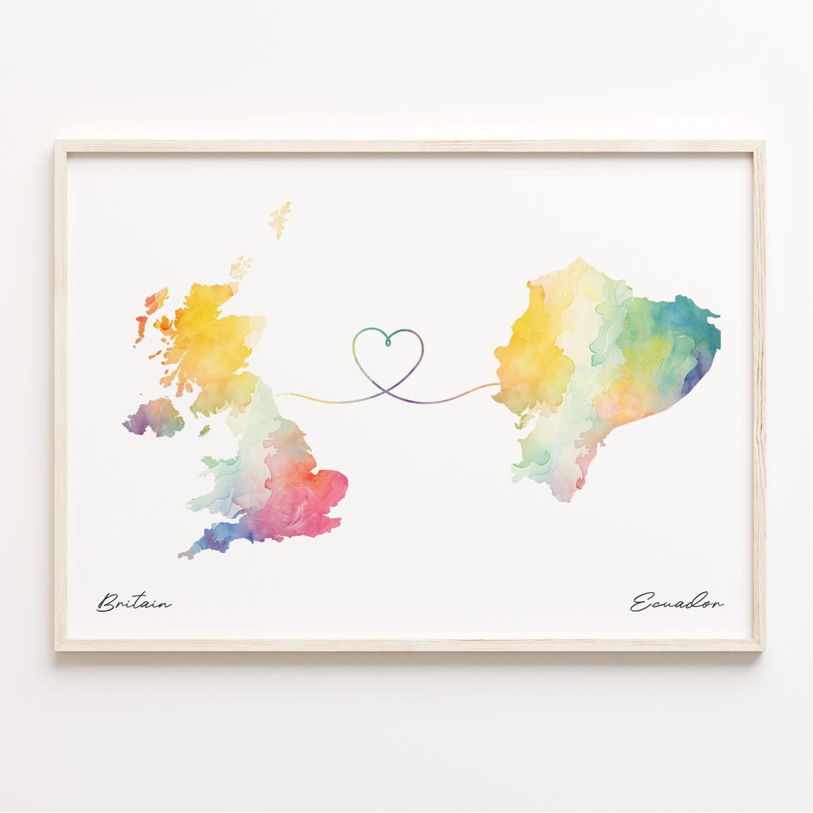 Britain to Ecuador Watercolor Heart Connection Map Poster for Couples