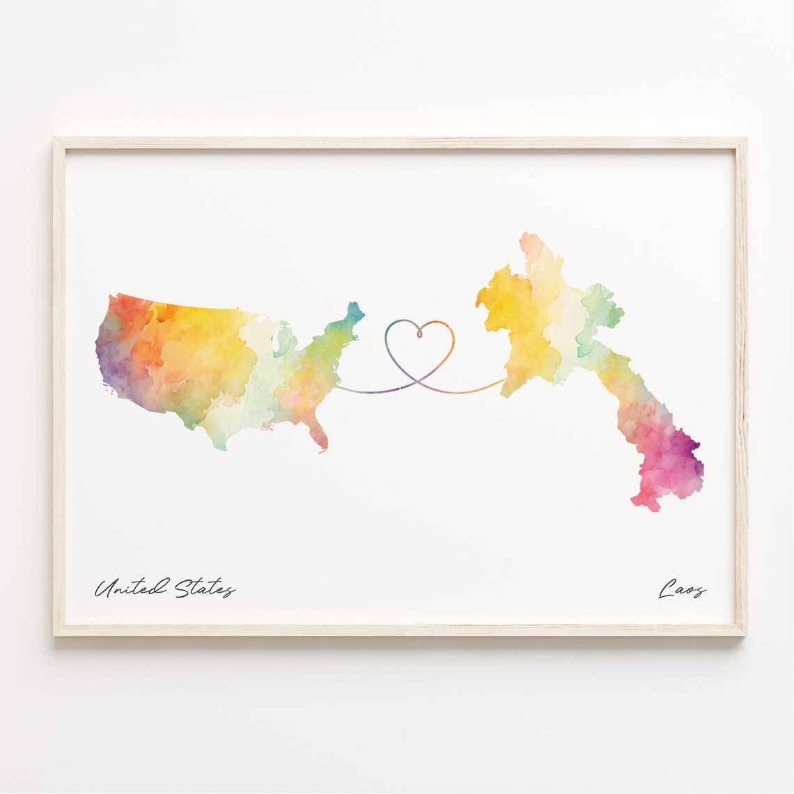 United States to Laos Heart Watercolor Map Long Distance Poster