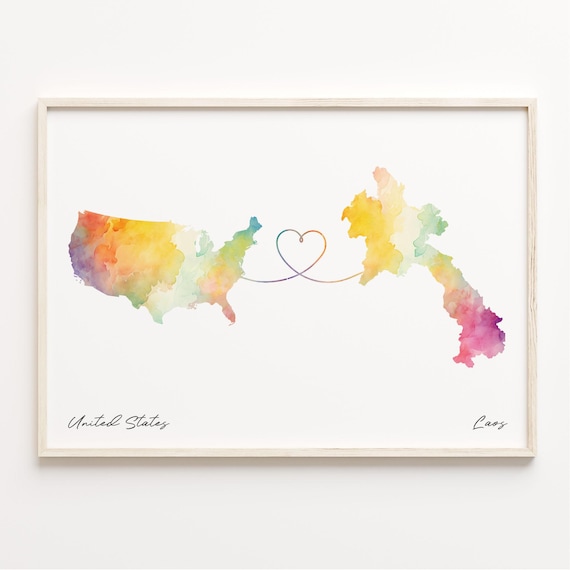 United States to Laos Heart Watercolor Map Long Distance Poster