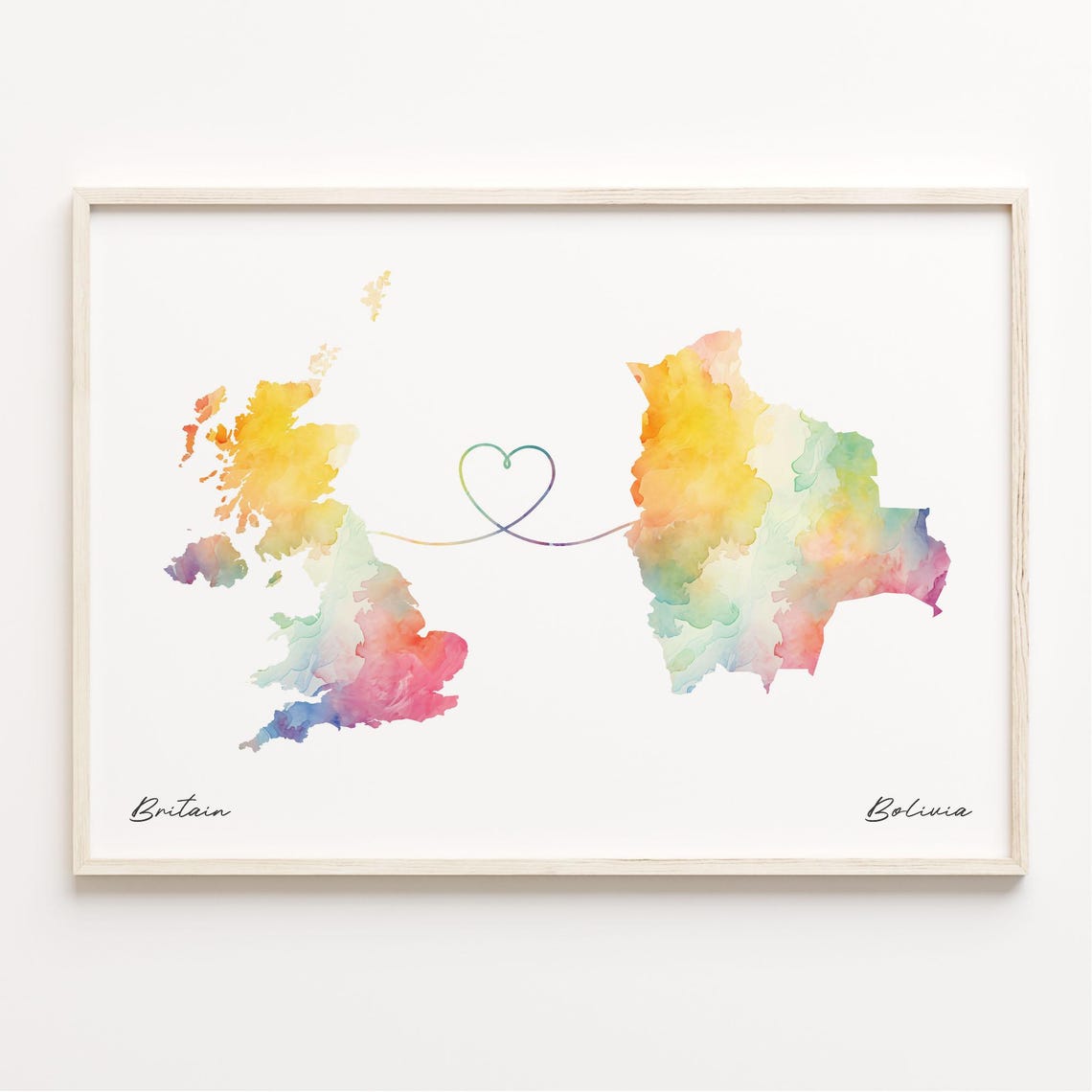 Britain to Bolivia Watercolor Heart Map Long Distance Love Poster