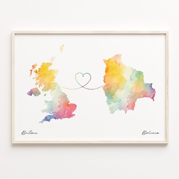 Britain to Bolivia Watercolor Heart Map Long Distance Love Poster