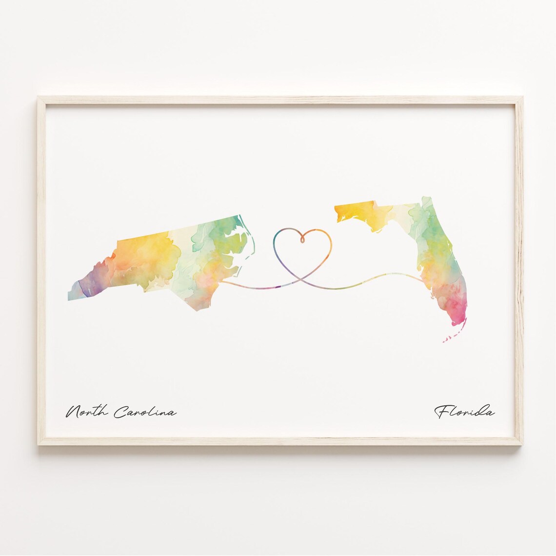 North Carolina to Florida Watercolor Heart Map Long Distance Love Print
