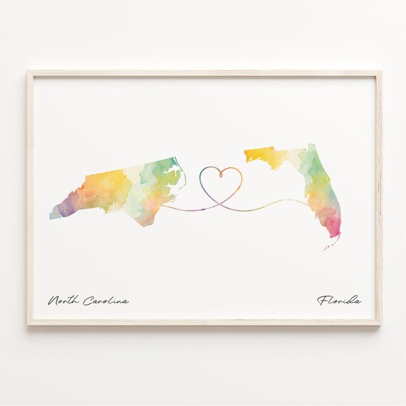 North Carolina to Florida Watercolor Heart Map Long Distance Love Print