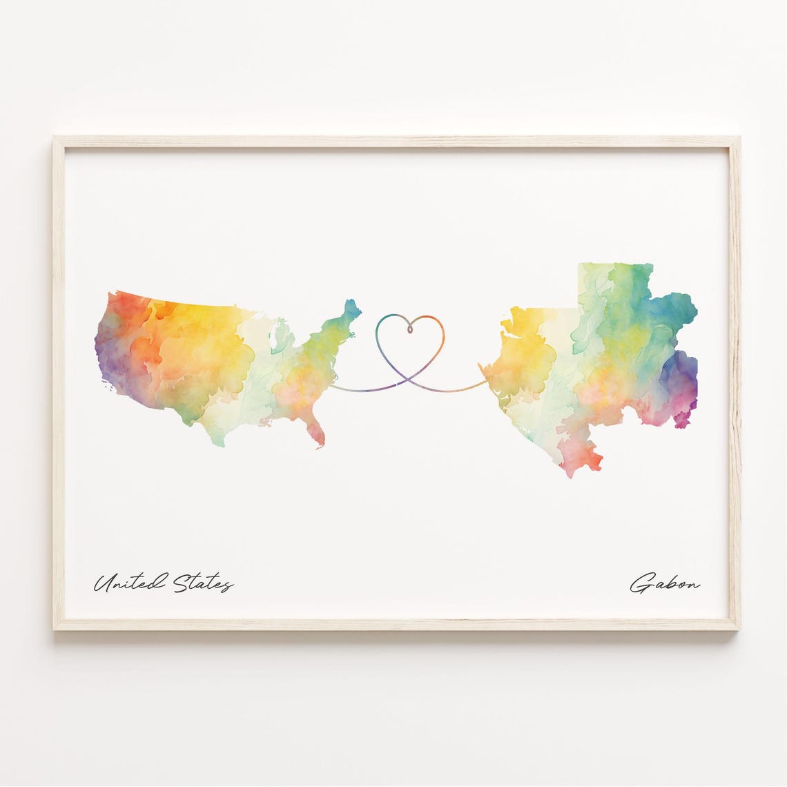 United States To Gabon Watercolor Heart Map Connection Poster