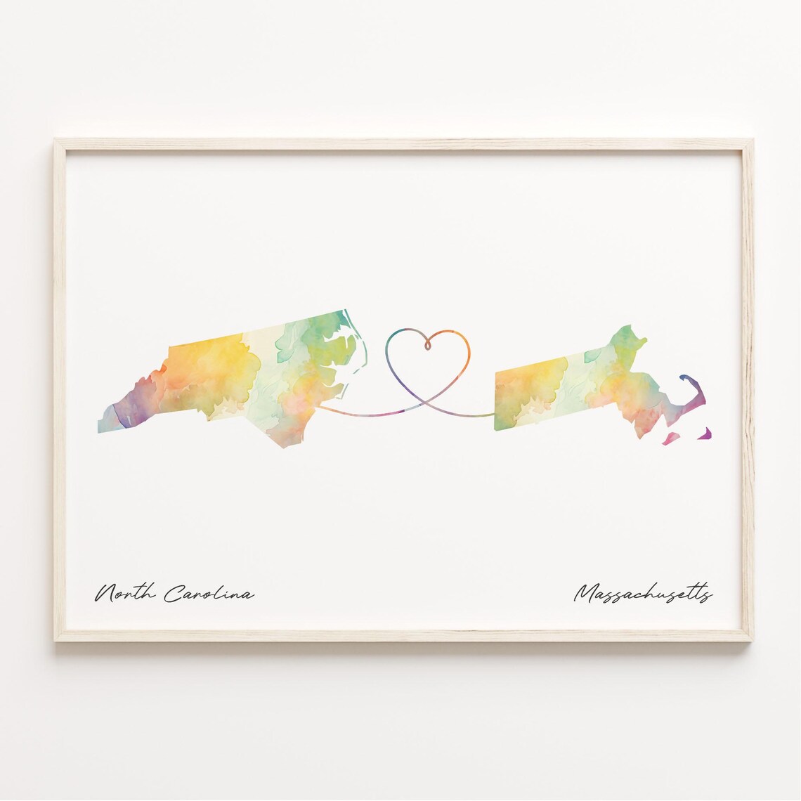 North Carolina To Massachusetts Heart Map Watercolor Love Line Poster