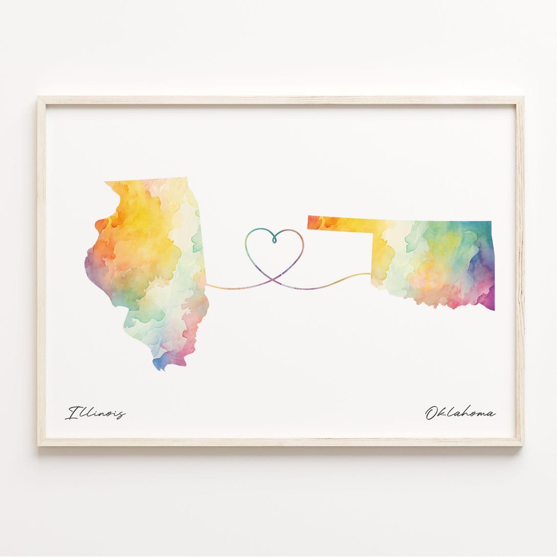 Illinois to Oklahoma Watercolor Heart Map Long Distance Poster