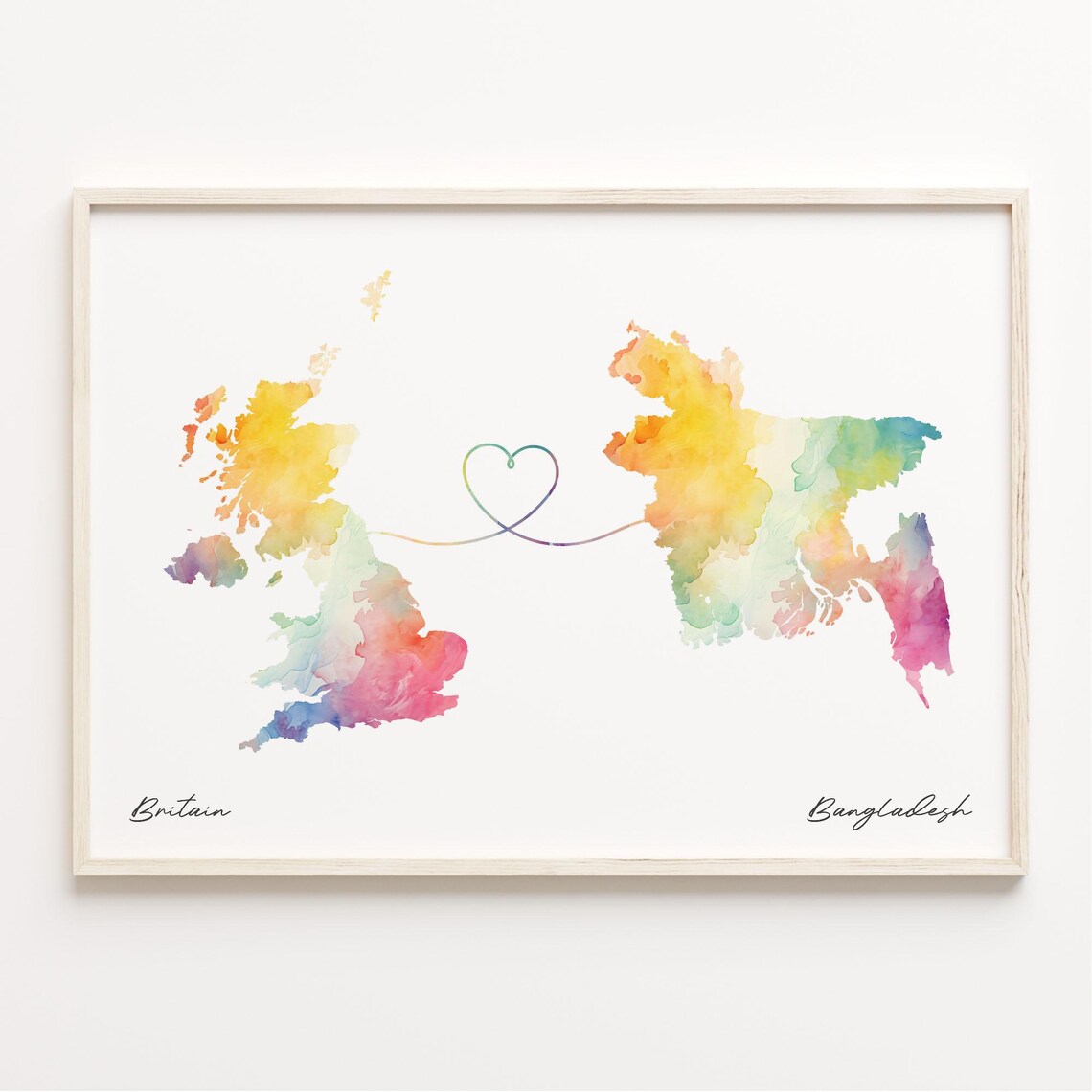 UK to Bangladesh Watercolor Heart Connection Long Distance Gift Poster