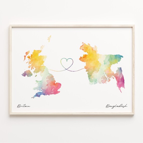 UK to Bangladesh Watercolor Heart Connection Long Distance Gift Poster